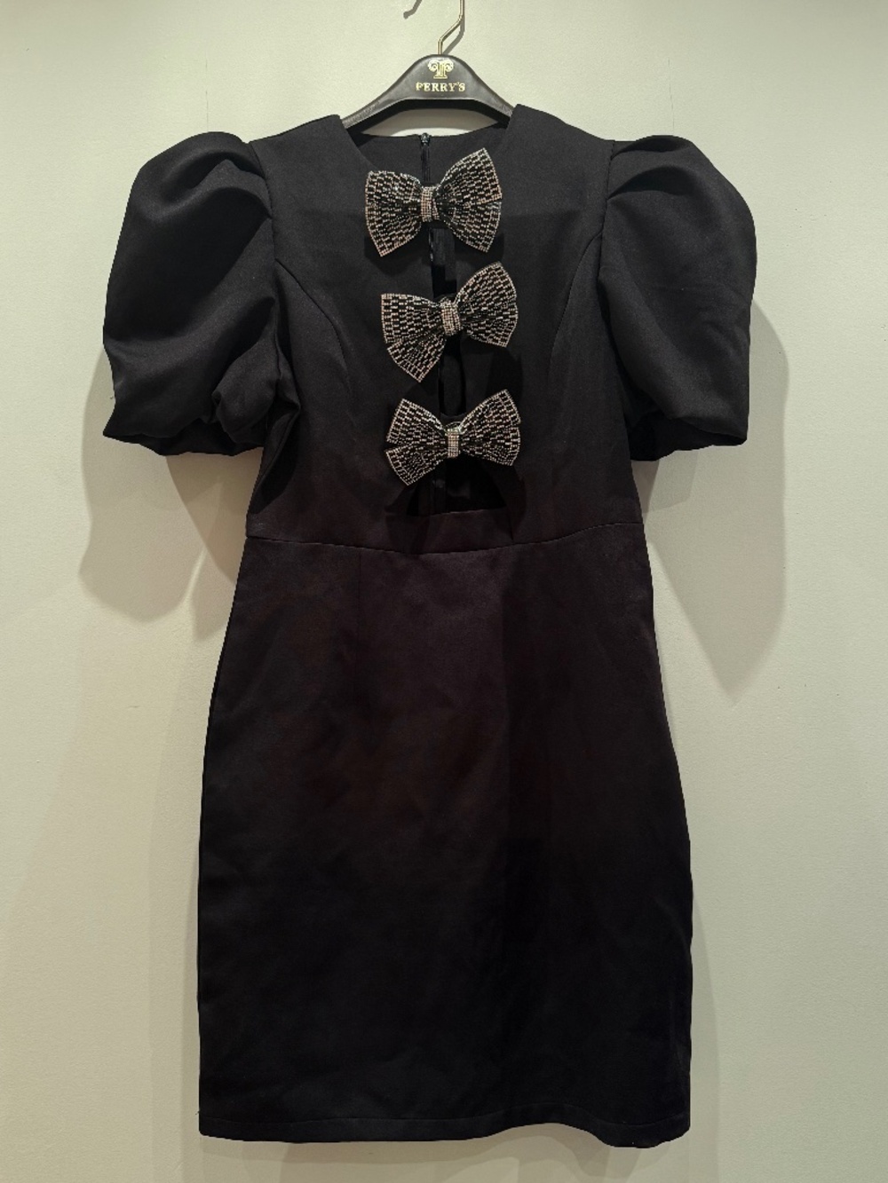 Puff sleeve black bodycon dress with removable rhinestone bows, size S